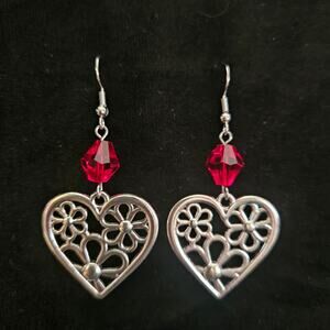 Antique silver heart and flowers with red glass crystal drop earrings